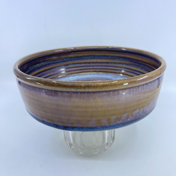 handcrafted studio art pottery ceramic bowl with swirl glaze design 8 5/8" - Picture 4 of 7